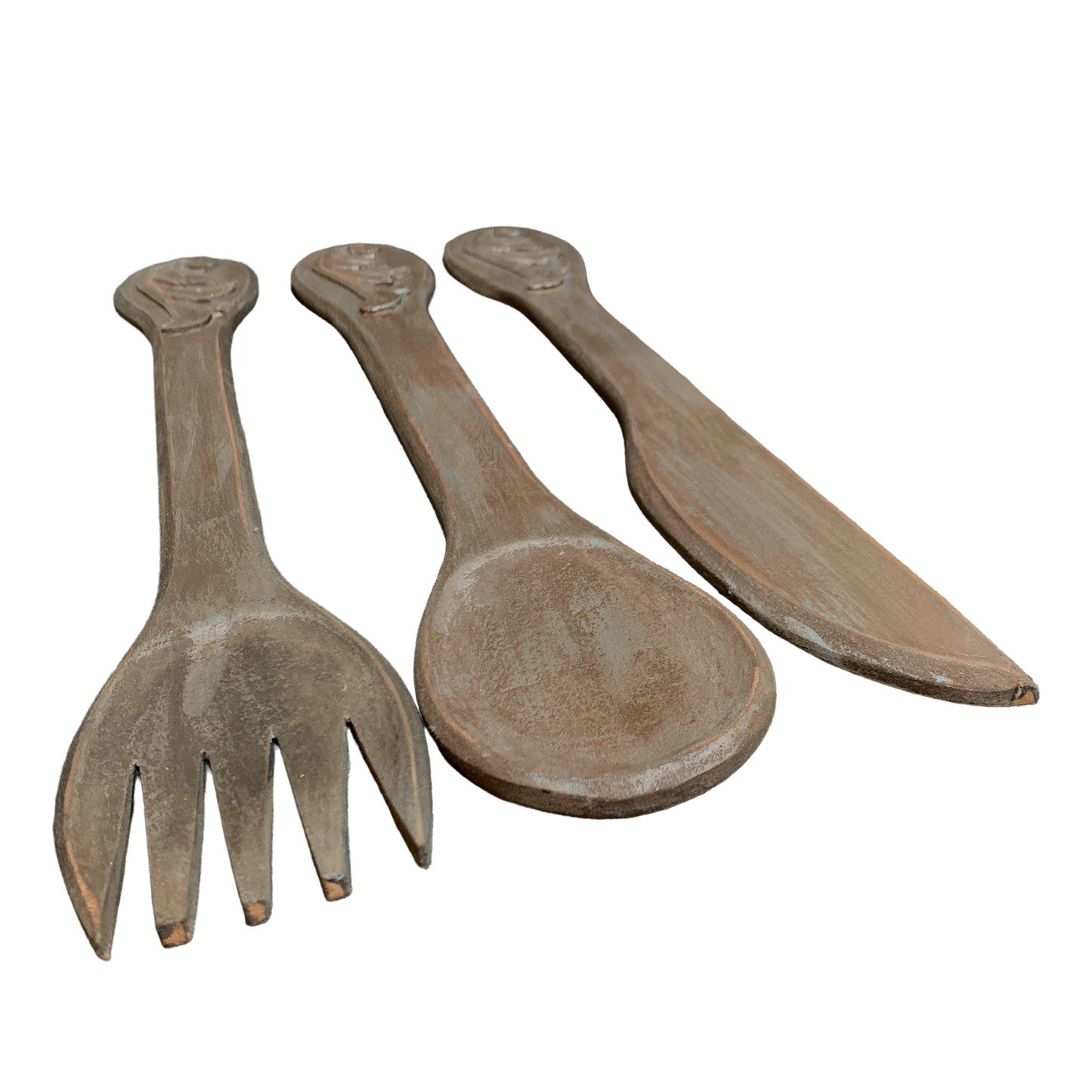 set cubiertos madera cafe / plateado